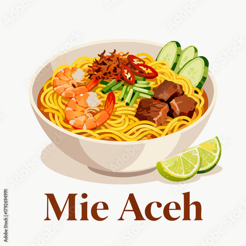 Spicy Indonesian noodle dish from Aceh, served in a white bowl with shrimp, beef, chili, and lime. A flavorful illustration of Asian cuisine