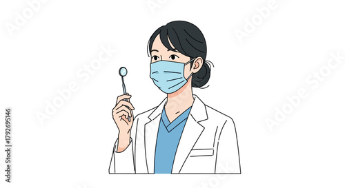 Female dentist with mirror wearing mask.