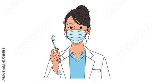 Female dentist with mask holding dental mirror.