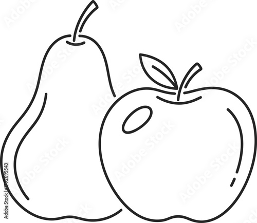 Simple line drawing of a pear and an apple placed next to each other, representing healthy food, fruits, and natural produce