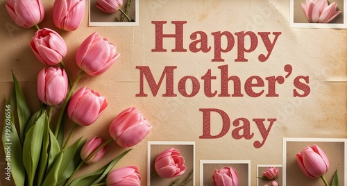 Vintage Happy Mother’s Day Collage Card, Pink Tulips, Grunge Textured Photo Frames and Background