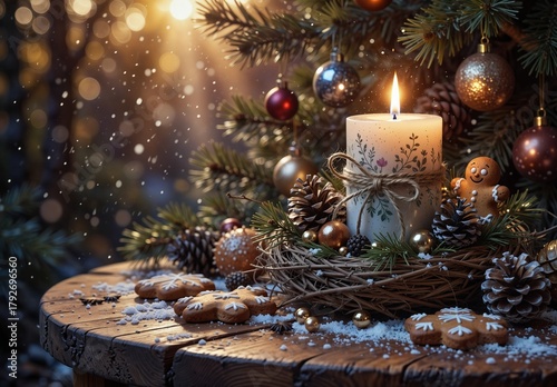 cozy christmas still life with lit candle, gingerbread cookies, and ornaments on rustic wood with snowfall.