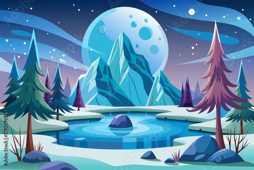 Icy lake reflecting bright moon and distant snowy trees in deep night wallpaper background