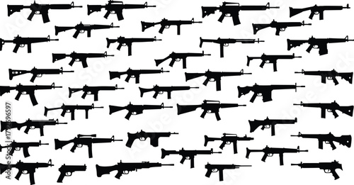 Assault rifle silhouette collection, firearm comparison chart, weapon outline grid, black and white, military design, tactical reference, gun shapes