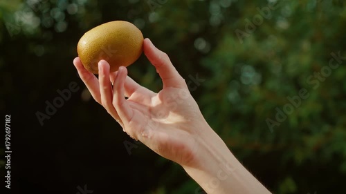 Teenage boy hand holding smooth kiwi fruit. Youthful fingers showing fresh ripe kiwi. Adolescent hand gently grasping juicy brown fruit