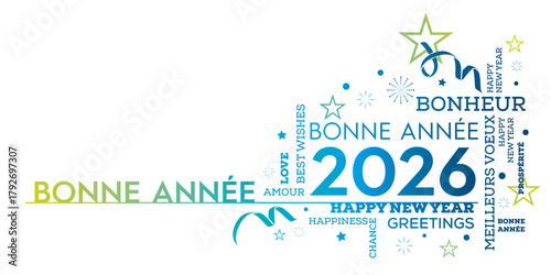 carte de voeux Bonne année 2025 nuage de mots bleu vert