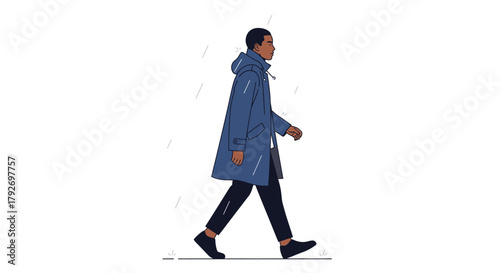 Man walking in blue raincoat illustration.
