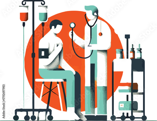 Doctor examines patient with I V drip and medical cart