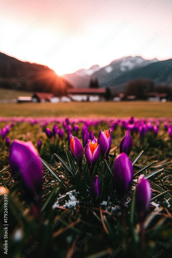 Obraz premium Vibrant Crocus Flowers Blooming at Sunset in Mountain Landscape
