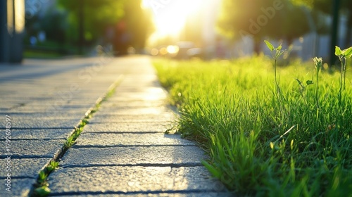 Wallpaper Mural Tranquil Pathway with Sunlight Glowing through Trees, Sidewalk Surrounded by Lush Green Grass, Nature's Beauty on a Warm Day in the City Torontodigital.ca