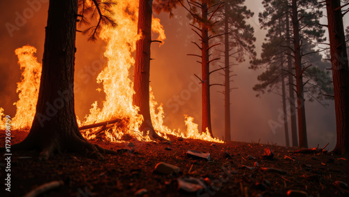 Forest fire engulfs trees in flames, creating dramatic and intense scene. smoke and fire highlight urgency of nature power and need for awareness