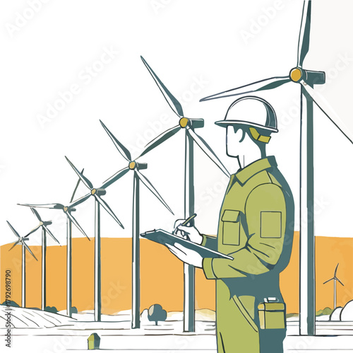 Engineer inspecting wind turbines on a sunny day inspection