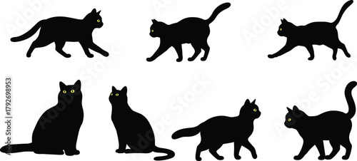 Cat silhouette illustration, black feline poses, yellow eyes detail, walking and sitting cats, white background, pet design, animal artwork