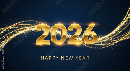 Golden 2026 Happy New Year Celebration Background with Sparkling Light Trails, Festive Glitter Wave, Elegant Gold Numbers on Dark Blue Background for Holiday Greeting, Party Invitation, Banner