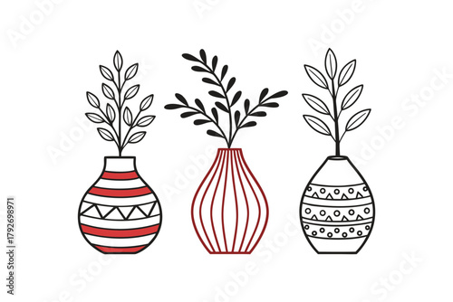Three stylized vases with plants, minimalist line art, white background