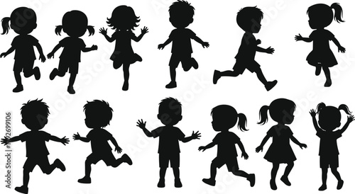 Children silhouette illustration, playful poses, walking and running kids, hairstyle variety, black and white, educational design, movement study, youth activity