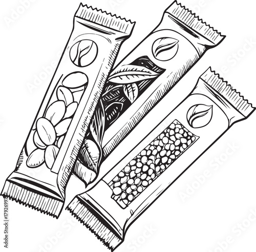 Energy Bars / Protein Bars, Disaster Relief Supplies Emergency Essentials Hand-drawn Sketch Drawing Vector Illustration, Line Linear Symbol Engraving Coloring Book, Black and White Isolated