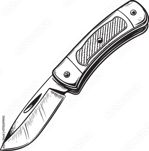 Pocket knife, Disaster Relief Supplies Emergency Essentials Hand-drawn Sketch Drawing Vector Illustration, Line Linear Symbol Engraving Coloring Book, Black and White Isolated