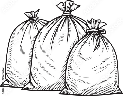 Garbage, Bags of Trash, Waste Dumpster, Hand-drawn Sketch Drawing Vector Illustration, Line Linear Symbol Engraving Coloring Book, Black and White Isolated