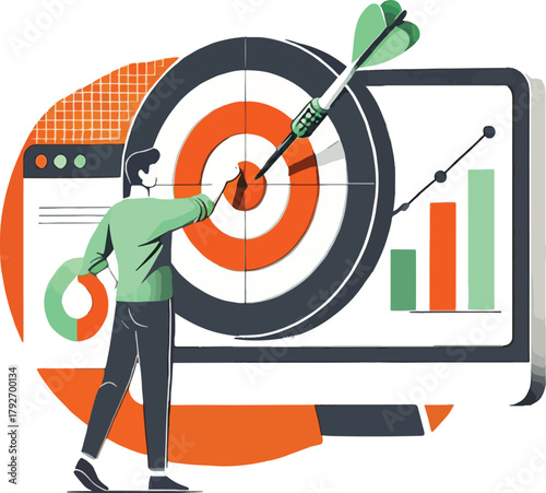 Man aiming dart at target near data charts dartboard