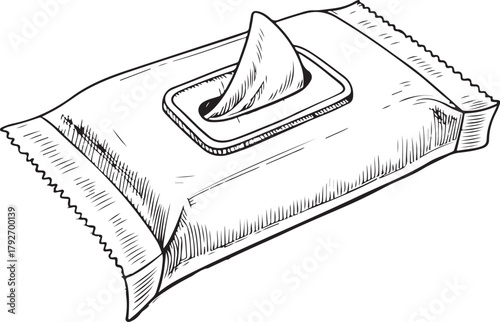 Wet wipes, Disaster Relief Supplies Emergency Essentials Hand-drawn Sketch Drawing Vector Illustration, Line Linear Symbol Engraving Coloring Book, Black and White Isolated