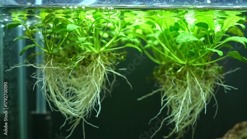 Aquatic plants with exposed roots in an aquarium setting