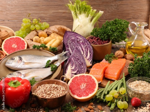 Mediterranean Diet Concept: Healthy Food Selection with Fish, Vegetables, and Grains