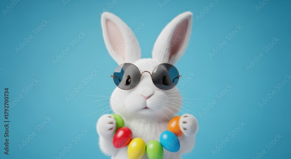 Fototapeta premium Cool easter bunny wearing sunglasses holding colorful eggs on blue background