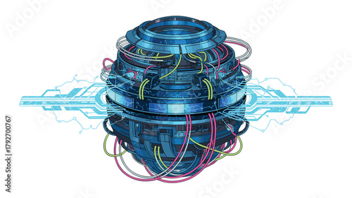 Futuristic energy core vector illustration with circuit pattern glowing effects