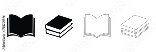 Discover crisp book icons for a range of applications. Ideal for educational resources, library promotions, and reading campaigns. Available in black and white.