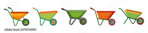 Collection of colorful garden wheelbarrows for outdoor tasks