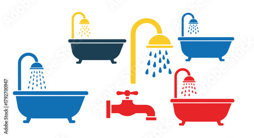 Colorful bathtubs and shower heads in a simple illustrative graphic design