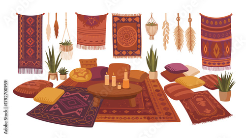 Interior with pillows carpets plants and boho decoration in relaxing style