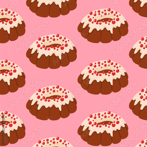 Seamless pattern with Christmas puddings decorated with berries. Festive hand drawn vector design.