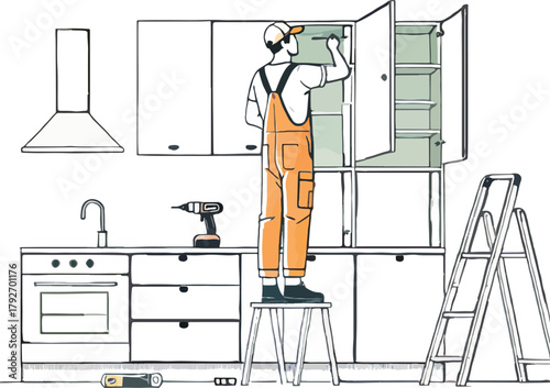 Man in orange overalls installing kitchen cabinets 1