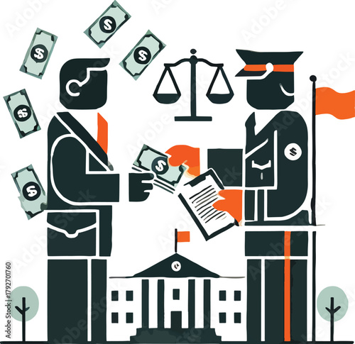 Man in suit gives money to police officer near courthouse