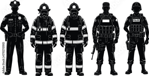 Police, firefighter, soldier, SWAT, silhouette, emergency, law, enforcement, uniform, gear, black, white, illustration, tactical, officer, safety, public, service, figure, protection