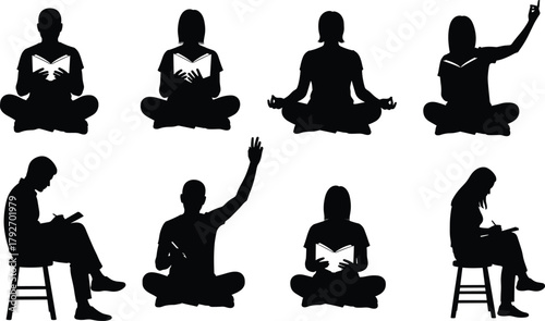 Reading, education, silhouette, students, learning, sitting, cross-legged, classroom, meditation, gesture, pose, black, isolated, book, study, character, posture, group, knowledge, illustration