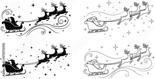 Santa Claus sleigh silhouette, flying reindeer, Christmas illustration, festive swirl design, holiday magic, black and white art, winter celebration