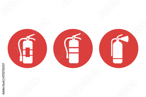 Collection of white fire extinguisher icons on red circular backgrounds