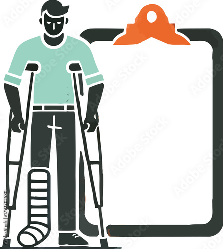 Man on crutches with cast next to clipboard injured