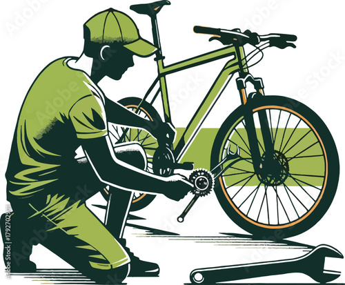 Man repairing green bicycle with wrench bicycle repair