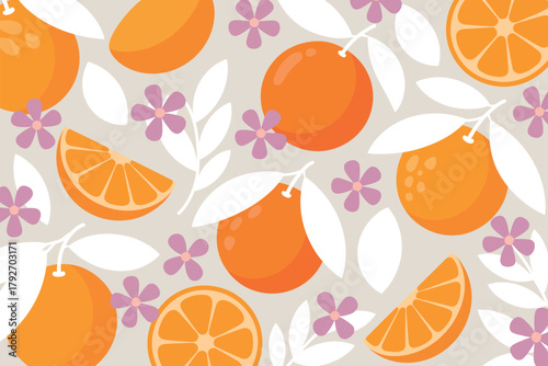 Vibrant orange slices and whole fruits with delicate purple flowers and leaves create a refreshing pattern.