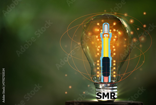 SMR text on light bulb and small nuclear power plant icon on natural background.