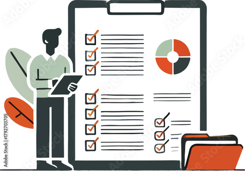 Man with clipboard and checklist next to pie chart