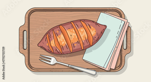 Baked Sweet Potato On Wooden Tray Culinary Art Illustration