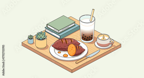 Cozy Still Life With Sweet Potato Meal And Comfort Objects