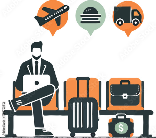 Man with laptop and luggage waiting with travel icons
