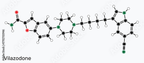 Vilazodone molecule, SERT inhibitor and 5-HT1A receptor partial agonist, antidepressant drug. Structural formula. Vector illustration