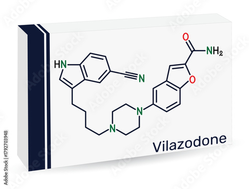 Vilazodone molecule, SERT inhibitor and 5-HT1A receptor partial agonist, antidepressant drug. Skeletal chemical formula. Paper packaging for drugs. Vector illustration